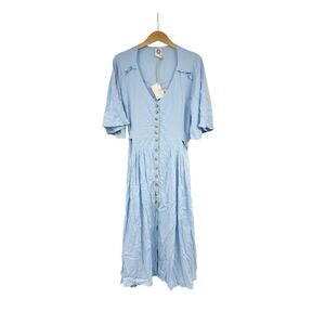 ELF Made by Hand in Bali Lola Button Up Cottagecore Midi Dress Soft‎ Blue Size L